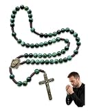 JIRVEX 1 Pezzo Rosario Cattolico 55 cm Verde Perline in Resina Collana Rosario Fatta a Mano con Croce di San Benedetto e Medaglia San Benedetto Collana da Preghiera Cristiana