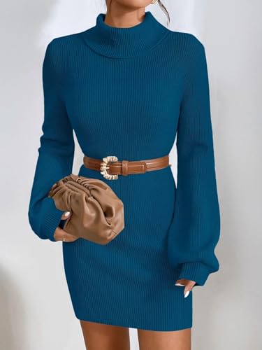 Image of Turtleneck Sweater Dress for Women Lantern Sleeve Mini Bodycon Ribbed Knit Sweater Pullover Short Dresses XS-XXL