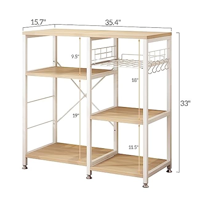 Bakers Rack with Power Outlet, White Microwave Stand with 5 S-Shaped Hooks, Coffee Bar, Kitchen Storage Shelf, for Kitchen, Living Room