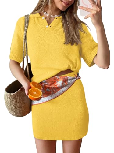 Image of Tankaneo Womens Skirt 2 Piece Sweater Sets Short Sleeve V Neck Knit Polo Shirts Mini Skirts Summer Beach Vacation Outfits