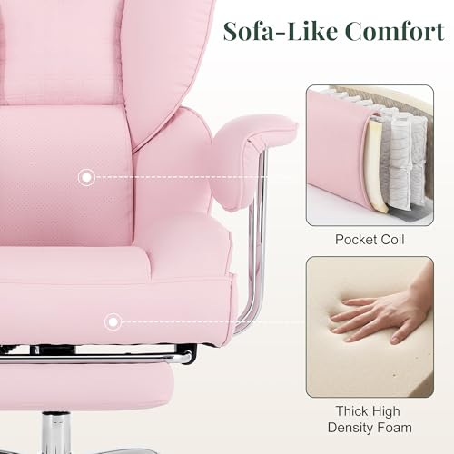 Image of Big and Tall Office Chair 400 LBS, Scratch-Resistant PU Leather Executive Ergonomic Desk Chair with Footrest, Lumbar Support, Wide Reclining Computer Seat for Home Office, Pink