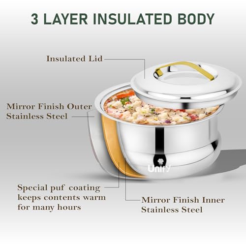 Image of Unify Lumia Stainless Steel Insulated Casserole Hot Pot 1600ML | 3 Layer Thermal Body with PUF Coating | Mirror Finish Inner & Outer Steel | Keeps Food Hot & Fresh for Hours | Premium Serveware