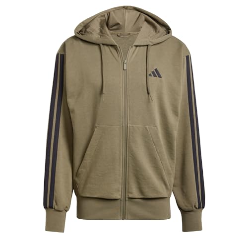 adidas Herren Essential Three Stripes French Terry Fullzip Hoodie, Olive Strata/Black, L