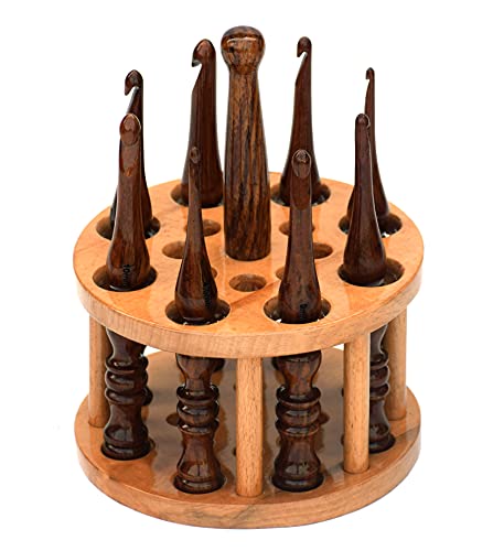 Tijarat handicrafts New Wooden Crochet Holder and Crochet Hooks in Various Size Crochet Organizer Wooden Needles Holder (Beech Wood Holder + Set of 13), Natural, CHH