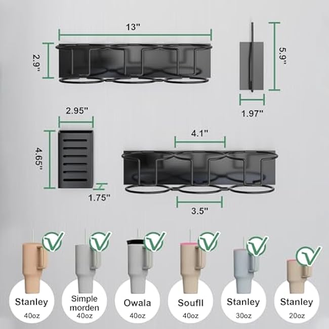 Magnetic Cup Holder for Fridge, Aufworld Tumbler Organizer Fits 20/30/40 oz Stanley Cups, Accessory Storage with Lid & Straw Holder, Space-Saving Storage Rack for Kitchen Fridge