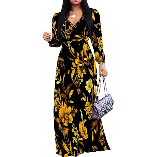 Image of PinkPatty Plus Size Dresses for Curvy Women V Neck Flowy Long Sleeves Wrap Maxi Dress Travel Vacation Outfits