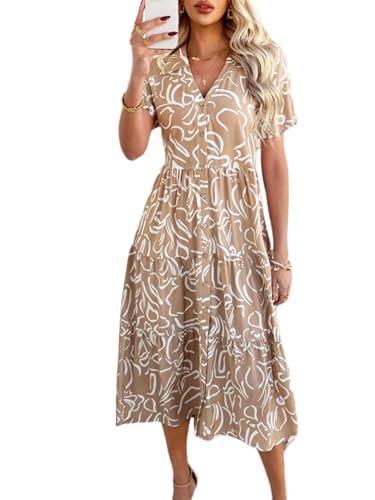 Women's Floral Boho Midi Dress V-Neck Short Sleeve Summer Casual Button-Up Flowy Dresses 2025 Beach Vacation Outfits