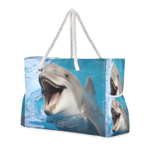 Smiling Dolphin Beach Bag & Travel Tote Bag Large Sandproof with Zipper Closure, Wet Pouch for Swim Gym Travel, Lightweight Foldable Outdoor Bag