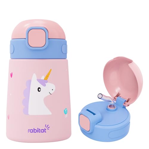 Image of rabitat Milo Stainless Steel Water Bottle 350ml | 2 Year Brand Warranty | BPA Free | Leakproof Steel Sipper Bottle for Kids | Flip Lock Lid with Straw | Easy Carry Handle | Uni Pop