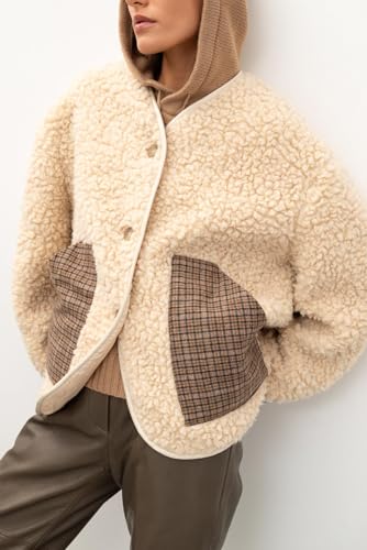 Lumister Womens Fleece Jacket Button Down Sherpa Jackets Fuzzy Teddy Coats Outerwear with Plaid Pockets2