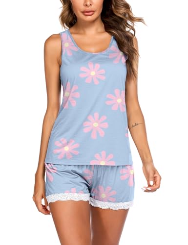 Image of Ekouaer Womens Pajama Sets Sleeveless Tank Top and Shorts Pj Set Lace Hem Sleepwear S-XXXL