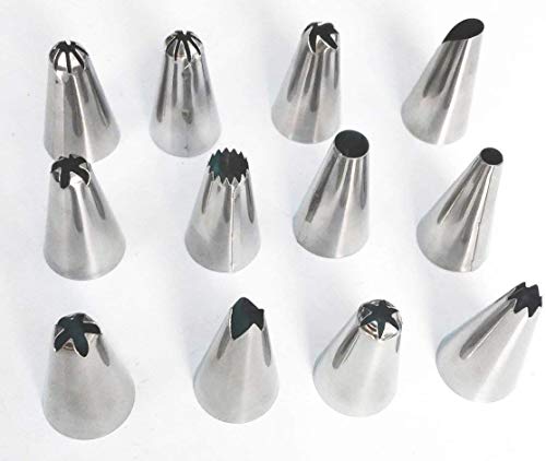 Image of Cake 12 Piece Cake Decorating Set Frosting Icing Piping Bag Tips with Steel nozzles. Reusable & Washable