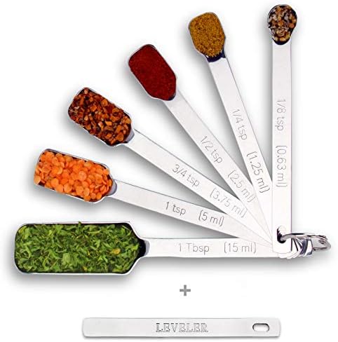 2lbDepot Measuring Spoons Set of 7 Includes Bonus Leveler, Premium, Rust Proof, Heavy Duty, Chrome Plated, Stainless Steel Metal, Narrow, Long Handle Design fits into Spice Jars
