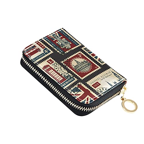 Oyihfvs Union Jack, Parliament, Big Ben and London Retro Stamps Credit Card Coin wallet, RFID Blocking Compact Women Leather Holder, Zipper Purse Clutch Pouch Pocket, Multicolor, 4.7x3.1x0.8 Inch