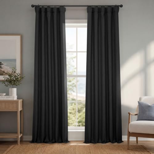 Image of HPD Half Price Drapes - Faux Linen Curtains for Living Room (1 Panel) - 50W X 96L - Textured Room Darkening Curtains for Bedroom 96 Inches Long - Drapes for Home Decor, Essential Black