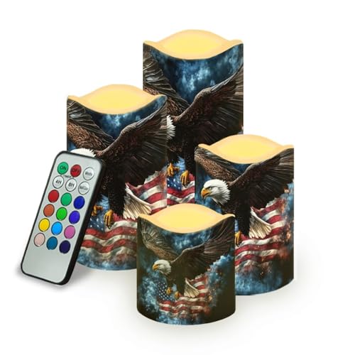 Image of USA Eagle Flag Plastic Flameless Candles with Remote Control and Timer LED Flickering Battery Operated Color Changing Electric Pillar Candles for Table Patriotic Decoration