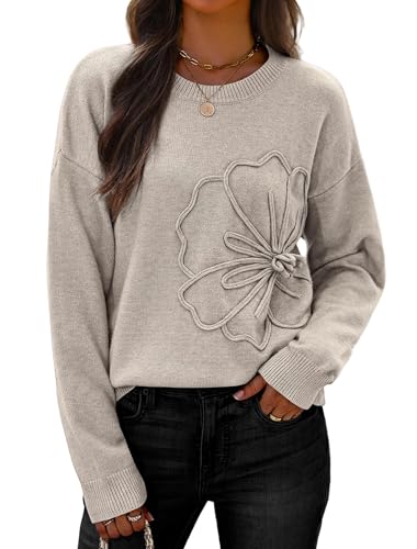 IWD 3D Floral Sweaters for Women Crew Neck Long Sleeve Pullover Sweater Cozy Knit Tops 2026 (Khaki, Small)