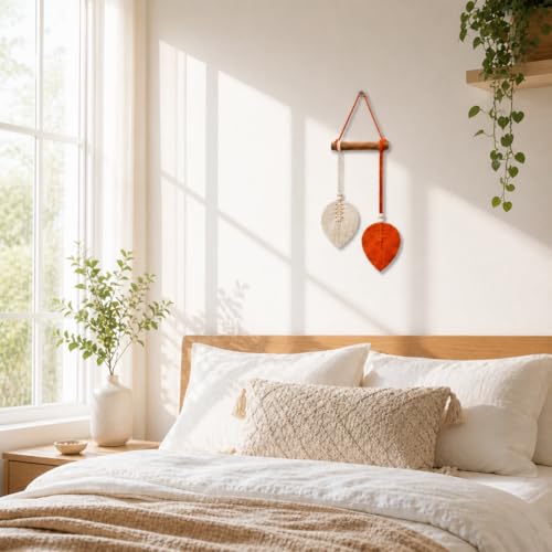 Image of AdFashionble Boho Macrame Wall Hanging Leaf Decor for Home, Living Room & Bedroom | Cotton Thread Art with Wooden Rod | Minimalist Handmade Wall Decoration | Aesthetic Nordic Wall Art for Home, Office & Gift Purpose Lenght- 58 cm Width- 15 cm (ORANGE & OFFWHITE)