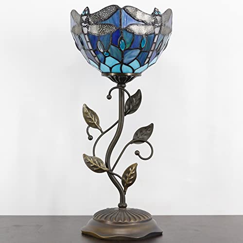 Rhlamps Small Tiffany Table Lamp 8" Sea Blue Stained Glass Dragonfly Style Shade 19" Tall Antique Vintage Metal Leaf Base Mini Bedside Accent Desk Torchiere Uplight For Living Room Bedroom #TOP3