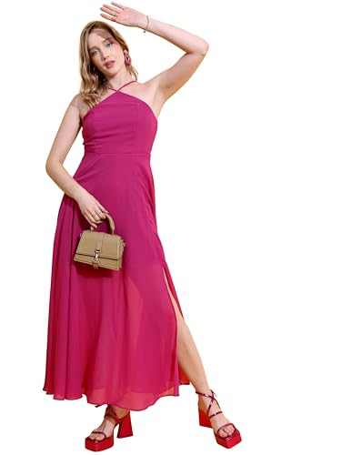 Image of Tokyo Talkies Women's Halter Neck Flowy Maxi Dress | Cinched Waist | Elegant & Airy Silhouette for a Breezy, Effortless Look