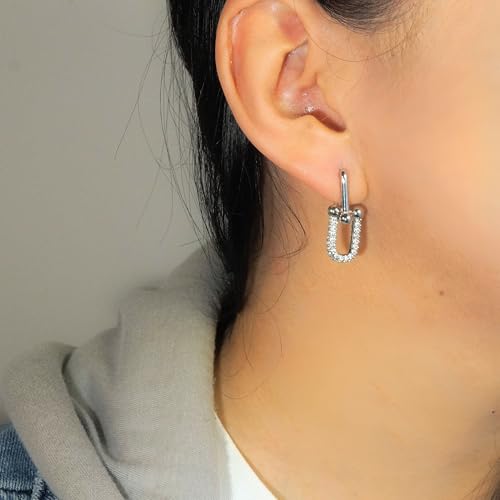 QueenBee Small 14K Gold & 925 Sterling Silver Paperclip Zirconia Hoop Earrings – Dainty Convertible Huggie with Removable Drop, Adjustable Retro Jewelry Gift for Holidays, Weddings, Birthdays & Bridesmaids3