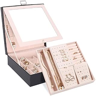 Tikea Jewellery Box Organiser for Women Girls, 2 Layers Earrings Organiser with Mirror, PU Leather Jewellery Box 39 Slots Display Storage Case for Earrings Rings Necklaces Bracelets, Black
