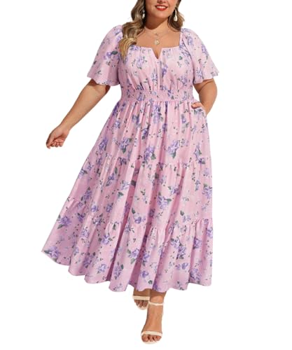 Image of RITERA Plus Size Dresses for Curvy Women Square Neck Short Sleeve Summer Floral Smocked Maxi Dress with Pocket XL-5XL
