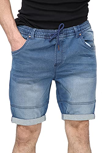 NOROZE Men's Shorts Cotton Denim Elasticated Waist with Drawstring Shorts Multi-Pockets Knee Length Summer Turn Roll Up Men Shorts UK Size 30-40