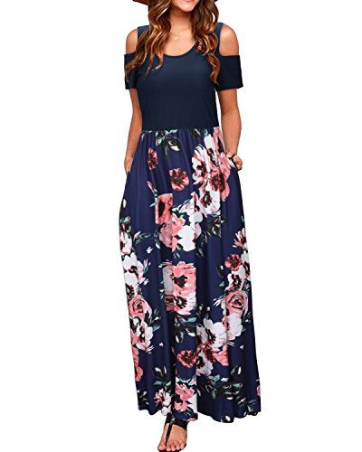 STYLEWORD Women s Summer Cold Shoulder Floral Print Elegant Maxi Long Dress with Pocket(Floral04,XL