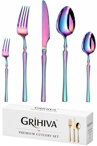 Image of 5 Pcs Rainbow Cutlery Set for Dining Table the Perfect Lightweight Silim Handle Tableware Including Dinner Spoon, Dinner Fork, Dinner Knife, Dessert Spoon & Dessert Fork
