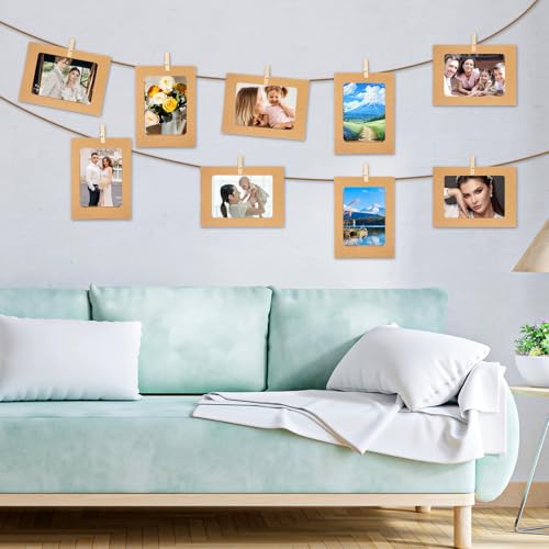 Ouligay 20 Stück Fotogirlande Papier Bilderrahmen 10x15 cm Pappe Fotorahmen zum Aufhängen mit 20 Holzklammern und 2 Hanfseil, Foto Girlande für Geburtstag Hochzeit Party Schule Wanddekor