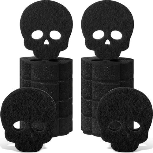Image of Tioncy 12 Pack Skull Sponges Bulk Gothic Dual Sided Scrubber Black Skull Sponges Reuseble Non Scratch Dishwashing Kitchen Cleaning Accessories for Cookware Pot Boiler Pan Household