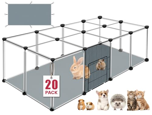 Image of 20 Panels Small Animals Playpen, 48 inch x 24 inch x 16 inch Transparent Pet Playpen with Waterproof Mat,Portable Plastic Enclosure Cage for Chicken /Guinea Pigs /Bunny /Ferrets /Hamsters /Hedgehogs Indoors Outdoor