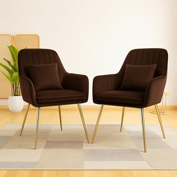 Image of Toxigo Velvet Office and Garden Area Outdoor Chairs | Cushion Seat Chair with Pillows for Modern Contemporary Upholstered with Polished Rosegold Metal Designer Piece | Set of 2 (Dark Brown)