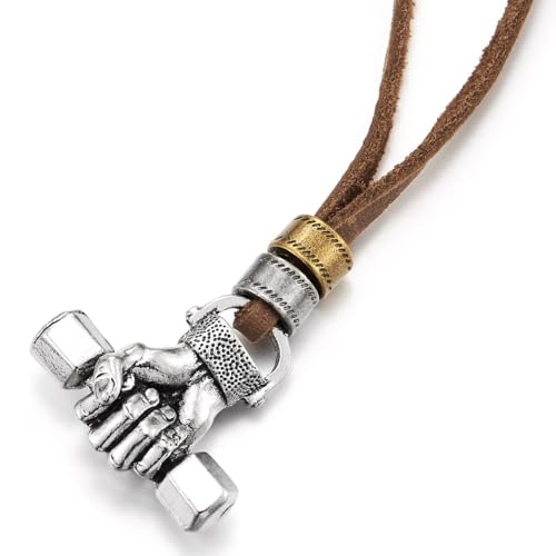 COOLSTEELANDBEYOND Fist Grip Barbell Pendant Necklace Dumbbell, for Men with Adjustable Brown Leather Cord3