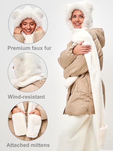 LATTEMARMALATTE Cute Cat Ears Winter Hat, 3 in 1 Plush Animal Hat with Mittens & Scarf, Faux Fur Hood for Kids Adults4