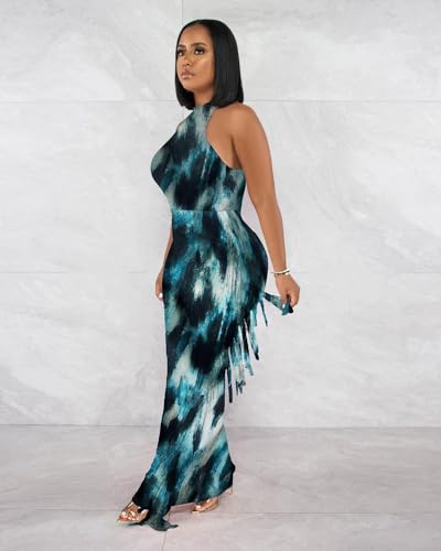 Image of YUEWOO 2 Piece Outfits for Women Sexy Crop Top Ruched Bodycon Maxi Dresses Fringe Skirt Sets Night Club Jumpsuits