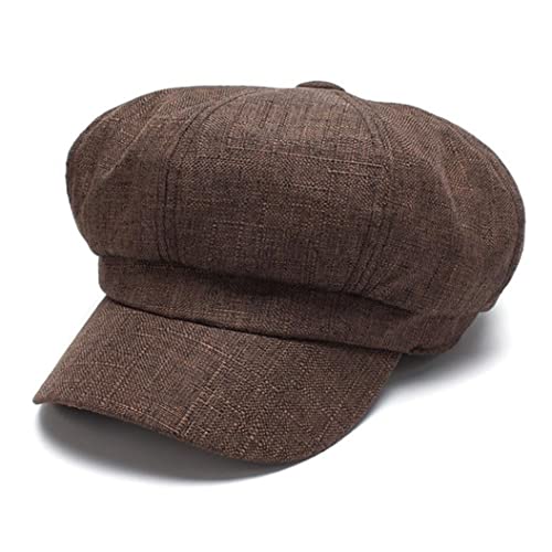 BRU-URB Linen Cotton Newsboy Cap Women Men French Painter Hat Ladies Spring Summer Beret Hat Fashion Octagonal Sun Cap Brown 6 7/8-7 3/8