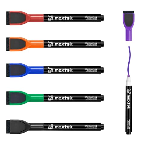 maxtek Magnetische Whiteboard Marker 6 Farben Stifte abwischbar mit Radiergummi Feinspitze 12 mm Linienbreite Folienstifte für Zuhause Schule & Büro (6 Stück)