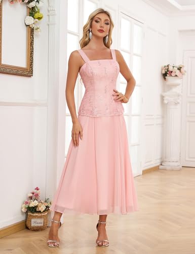 ISABUFEI Mother of The Bride Dresses Chiffon Lace Tea Length Grandmother Dresses with Jacket3