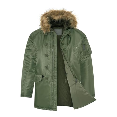 VINTIKA Snorkel Parka N3B Army Flight Jacket – Padded Insulated Long Winter Coat with Fur Hood [Olive, XL]