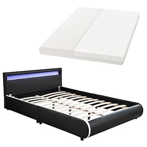 Juskys Polsterbett Sevilla 140 x 200 cm – Bett mit Matratze, Lattenrost & LED — Holz & Kunstleder – grau — Jugendbett…