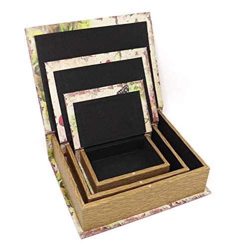 Jolitac Decorative Book Boxes World Map Pattern Antique Book Invisible Box With Magnetic Cover, Faux Wood Set Of 3 Storage Set (Butterfly) #TOP3