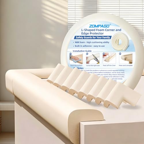 Image of ZOMPAGO Baby Edge Protector Roll (6.56FT) & 8 Corner Guards - White Foam Furniture Corner Protectors - Baby Proof Corners and Edges for Table, Wall, Bed Frame - Baby Proofing Safety Bumpers