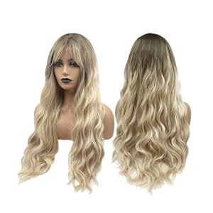 JBEXTENSION 28 Inch Long Wavy Wig ROSANNA LIGHT BLONDE with Bangs Dark Rooted Bodywave Long Hair Wear and Go Glueless Wigs for Women Natural Synthetic Wigs Daily Use