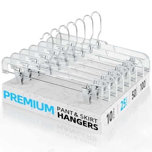 Image of HOUSE DAY Clear Pants Hangers with Clips 25 Pack, Non-Slip Skirt Hangers for Women, Upgraded Heavy Duty Plastic Clip Hanger for Pants, Trousers, Jeans, 14" Short Hanger, 360-Rotating Swivel Hook