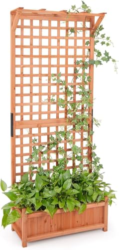 GOPLUS Jardinière avec Treillis 183cm en Bois de Sapin, Trou de Drainage pour Plantes Grimpantes, Fleurs, Bac à Fleurs avec Treillis pour Cour, Jardin,...