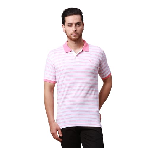 Image of Park Avenue Men's Cotton Polyester Blend Stripe Pattern Slim Fit Rib Collar Polo Neck Half Sleeve Casual T-Shirt