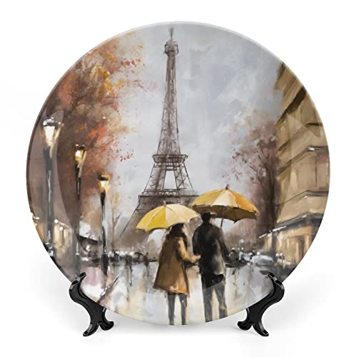 VHPVHP Bone China Decorative Plate, Paris Eiffel Tower Ceramic Decorative Plate for Home Office Wall Decor, with Vertical Stand Decorative Plates for Home Club