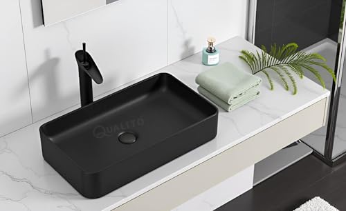 Image of QUALITO Designer Table Top Wash Basin for Bathroom, Living Room, Hall, Dinning Room | Big Size Black Ceramic Vessel Sink /Basin | Glossy Finish Marble Vanity Basin (24x14x5 Inch, Black)